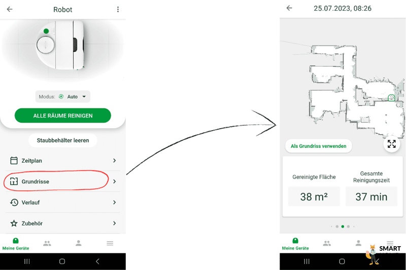 Reinigungshistorie wird in der MyKobold App des Vorwerk VR7 eingesehen.